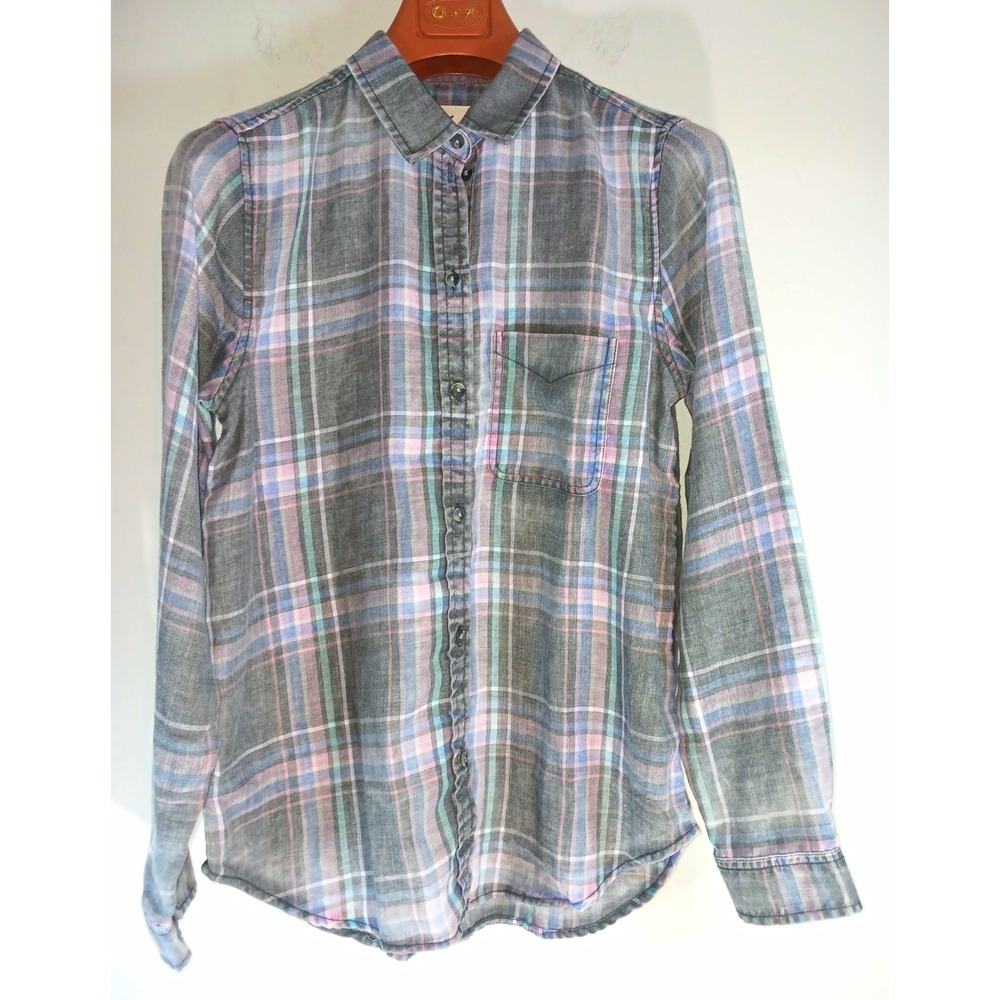 American Eagle Men's Cotton Woven Plaid Button-Up Long Sleeve Shirt Gray M